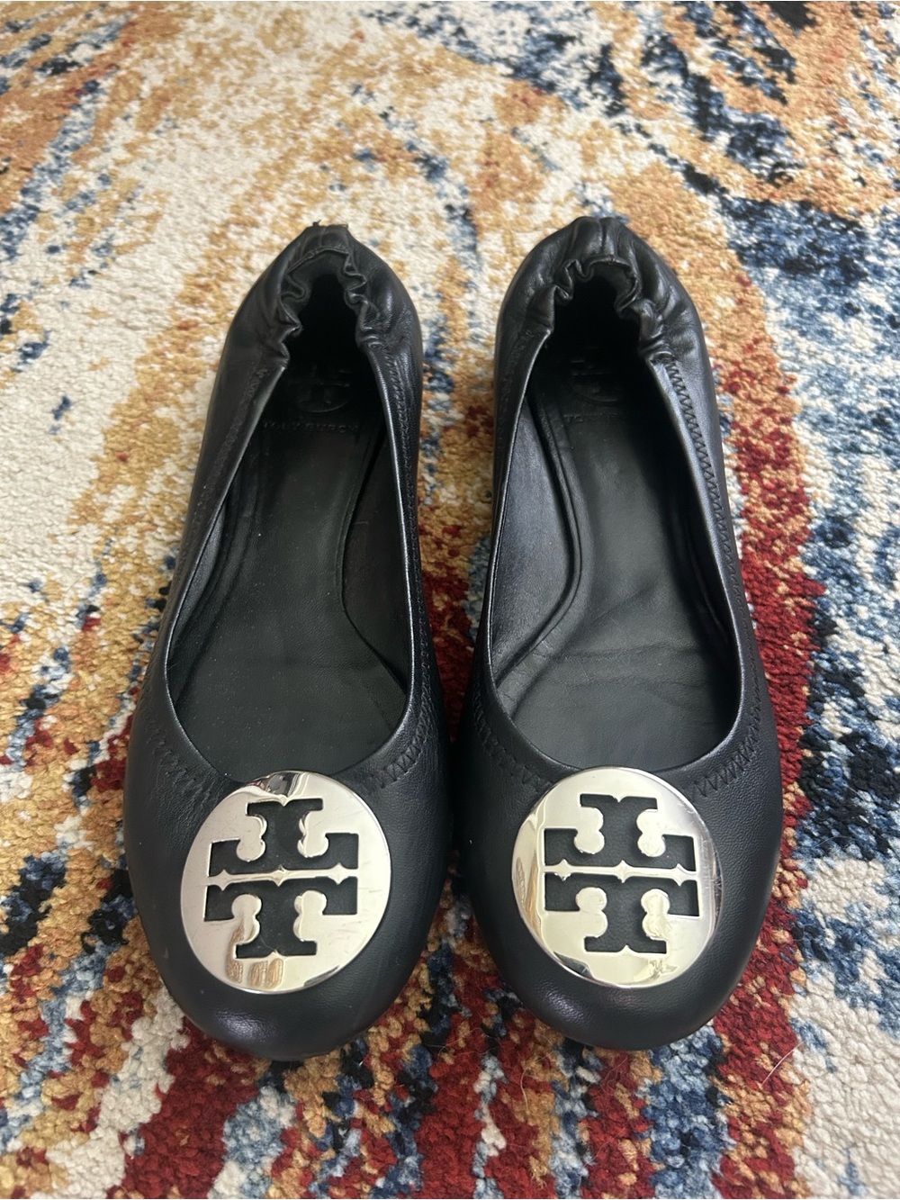 Tory Burch Black Leather Logo Round-Toe Ballet Flats